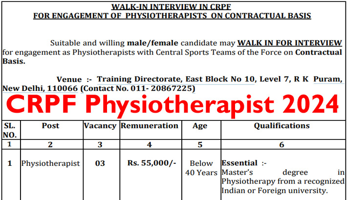 CRPF Physiotherapist Recruitment 2024