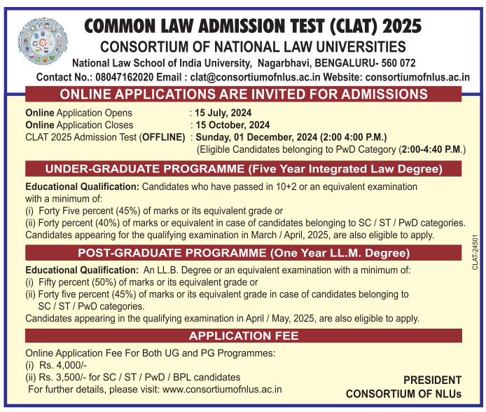 CLAT Notification 2025, Exam Date, Apply Online, Eligibility Criteria